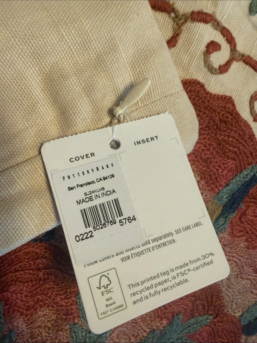 Pottery Barn Paige Suzani Embroidered Lumbar Pillow Cover 16” x 26”